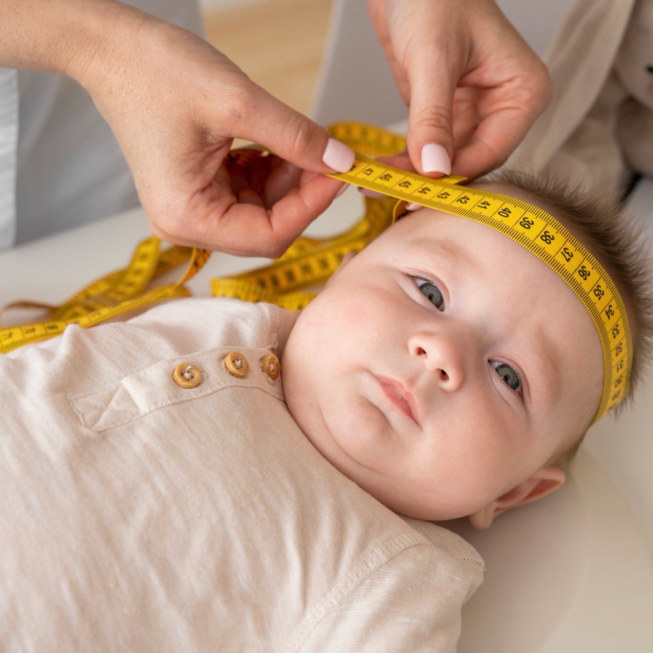 Baby krijgt hoofdomtrek gemeten tijdens ontwikkeling in het eerste jaar