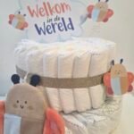 Luiertaart Vlinder gemaakt van Pampers maat 0 en 1 met pluche vlinder knuffel – babyshower cadeau