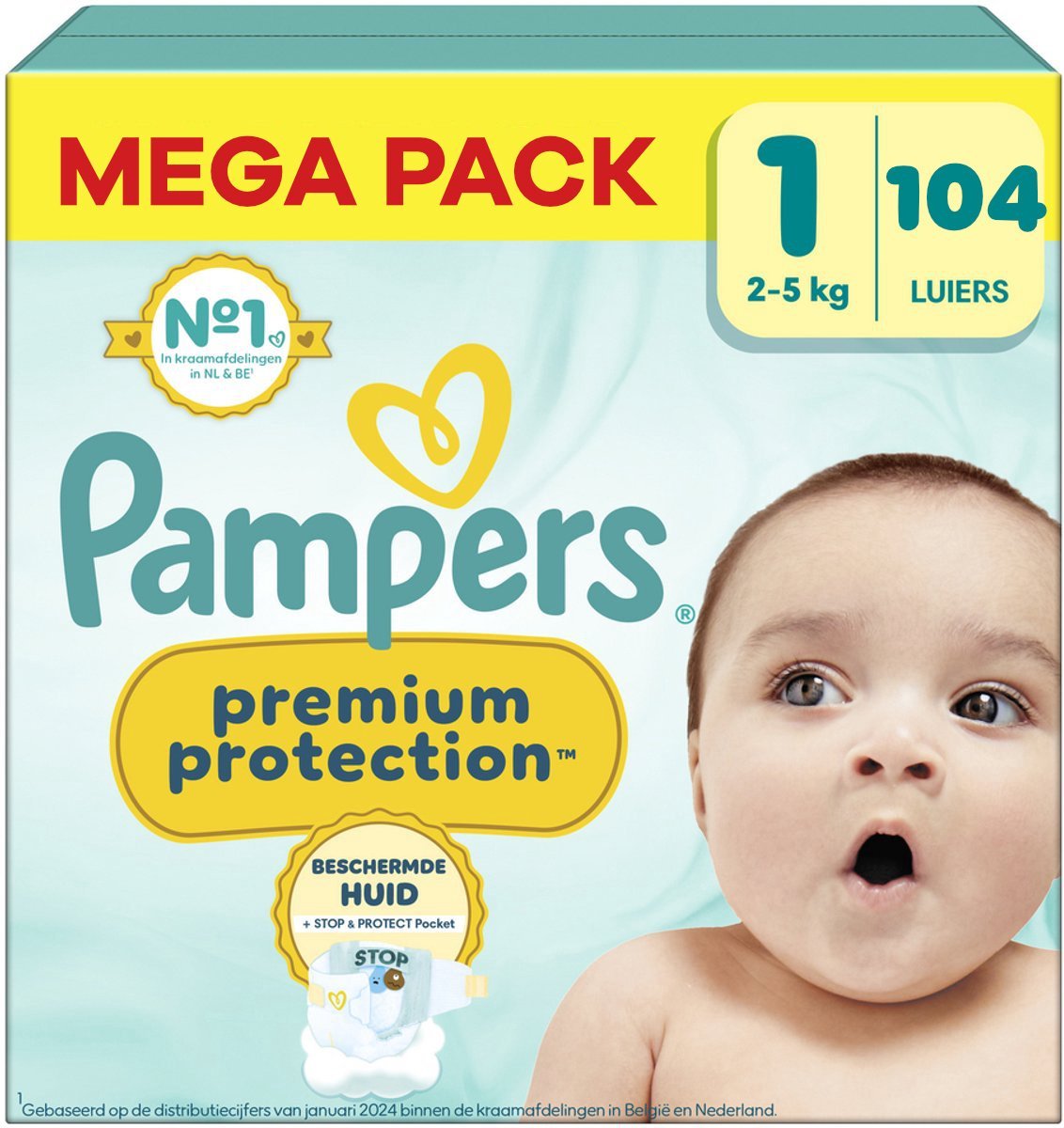 68a708e524db906a3f3ddf6e77f3130484743a3ab4a902484d954.jpg Pampers Premium Protection Luiers Maat 1 (2-5kg) 4x26 = 104 stuks - Afbeelding 1