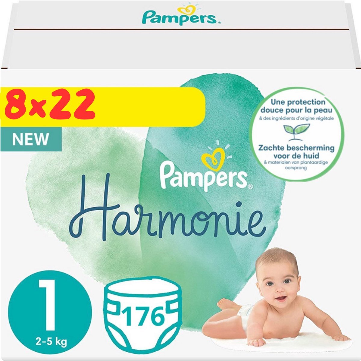 68a7093f2a3f24279162c94d4f087e5ad73f43ce9d073cacbe6ad.jpg Pampers Harmonie luiers - maat 1 (2-5 KG) - 176 luiers - 8 pakken van 22 stuks - Afbeelding 1